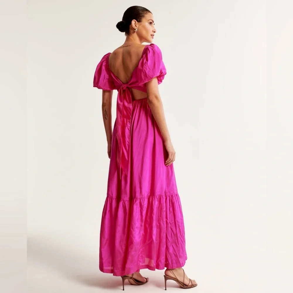Abercrombie & Fitch Fuchsia Puff-Sleeve Maxi Dress